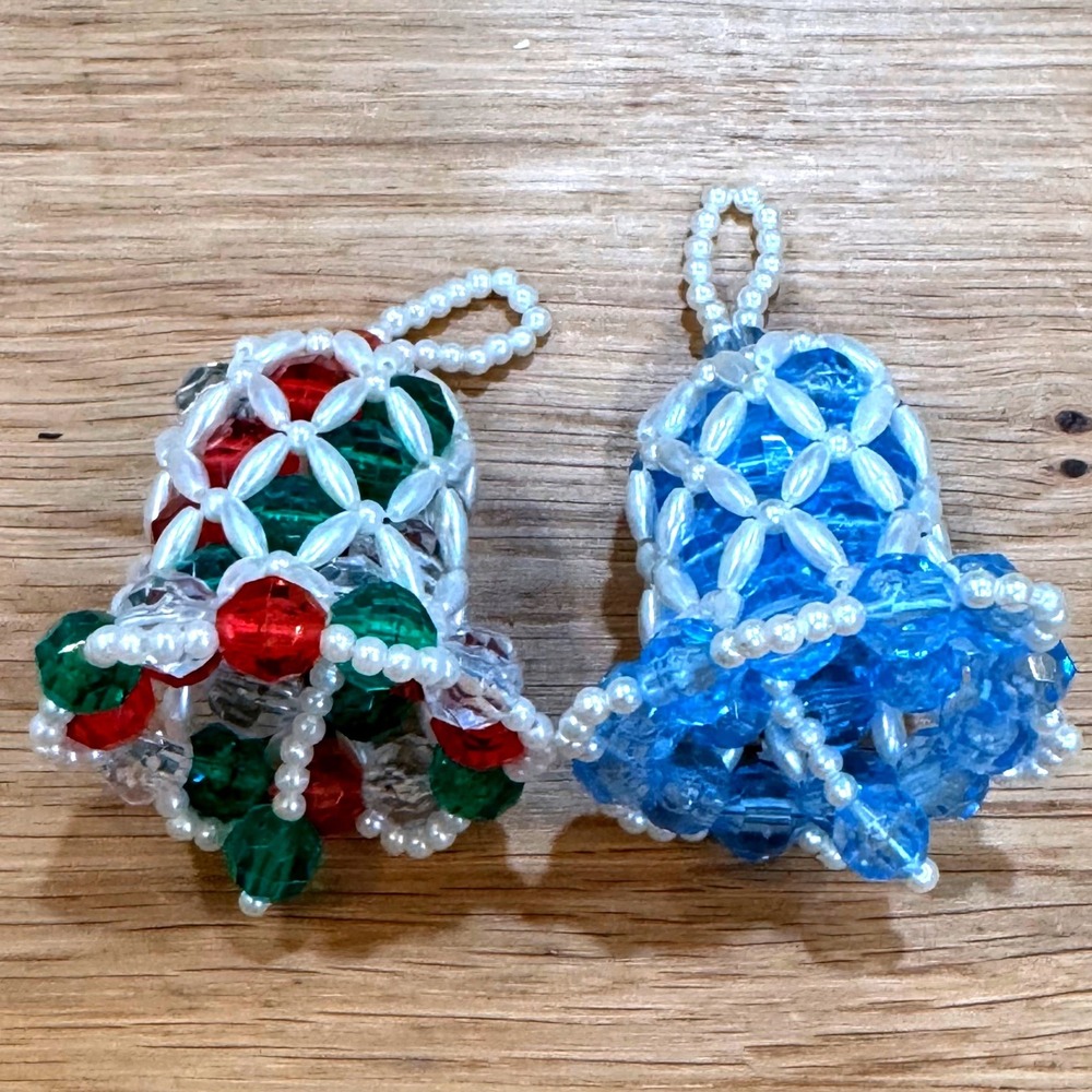 Vintage Handmade Beaded Christmas Bell Ornaments Set of 2 Red Green Blue Pearl